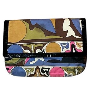 Vintage 60s Emilio Pucci by Jana Multicolored Paten Leather Trim Fabric Clutch